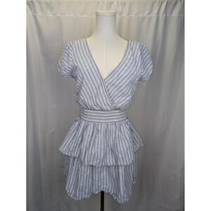 American Eagle Linen Blend Mini Dress Sz Small Smocked Tiered Ruffle White Blue